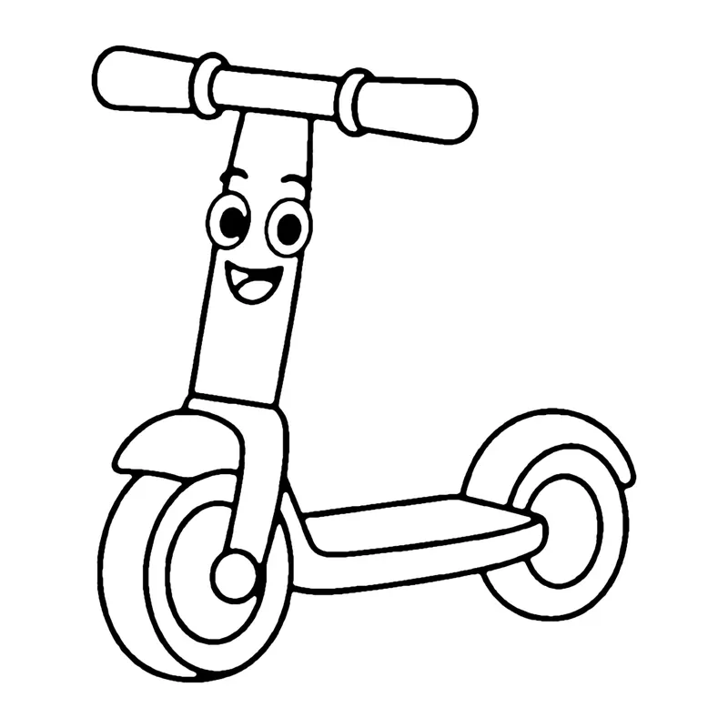 Line drawing of a smiling kick scooter with tall handlebars, a footboard and two small wheels