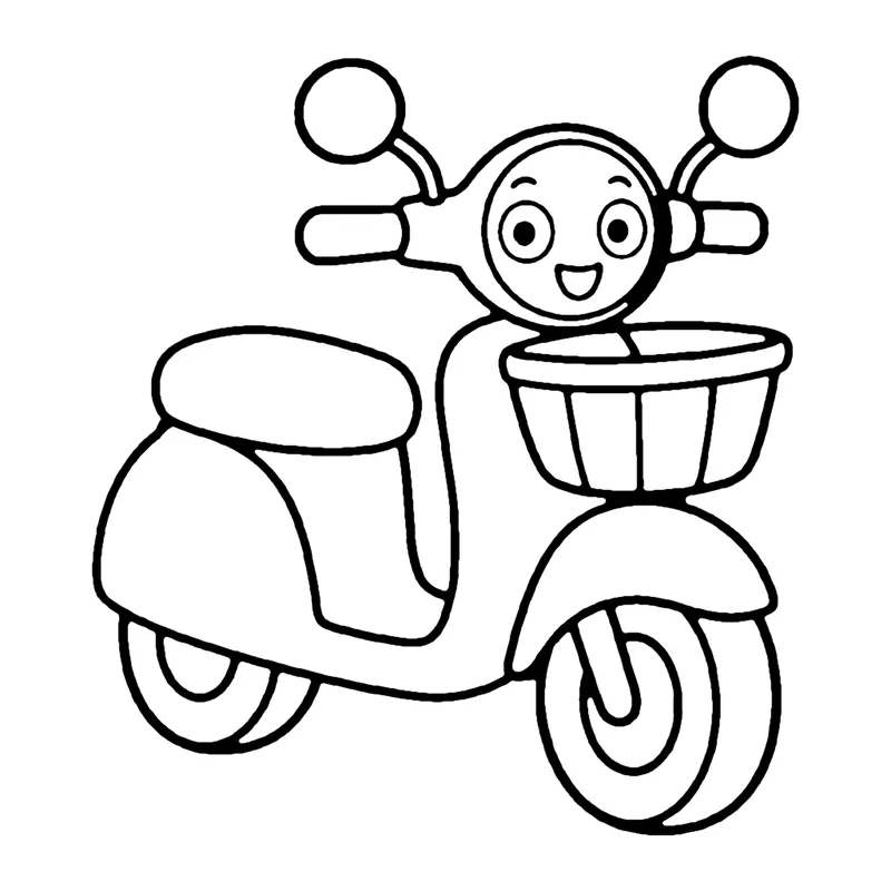 Line drawing of a smiling motor scooter with a front basket, round mirrors and a curved seat