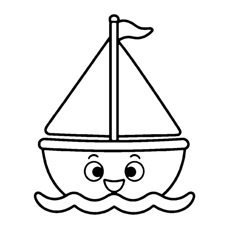 Line drawing of a smiling sailboat with one triangle sail and a small flag floating on wavy water