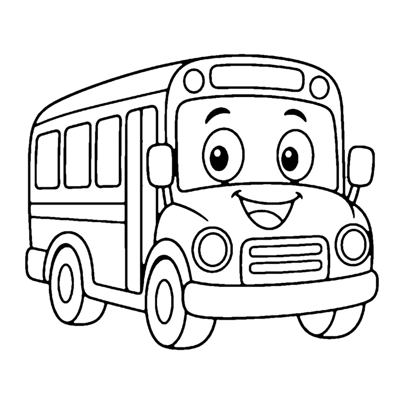 Line drawing of a smiling school bus with a row of side windows, a front grille and round headlights