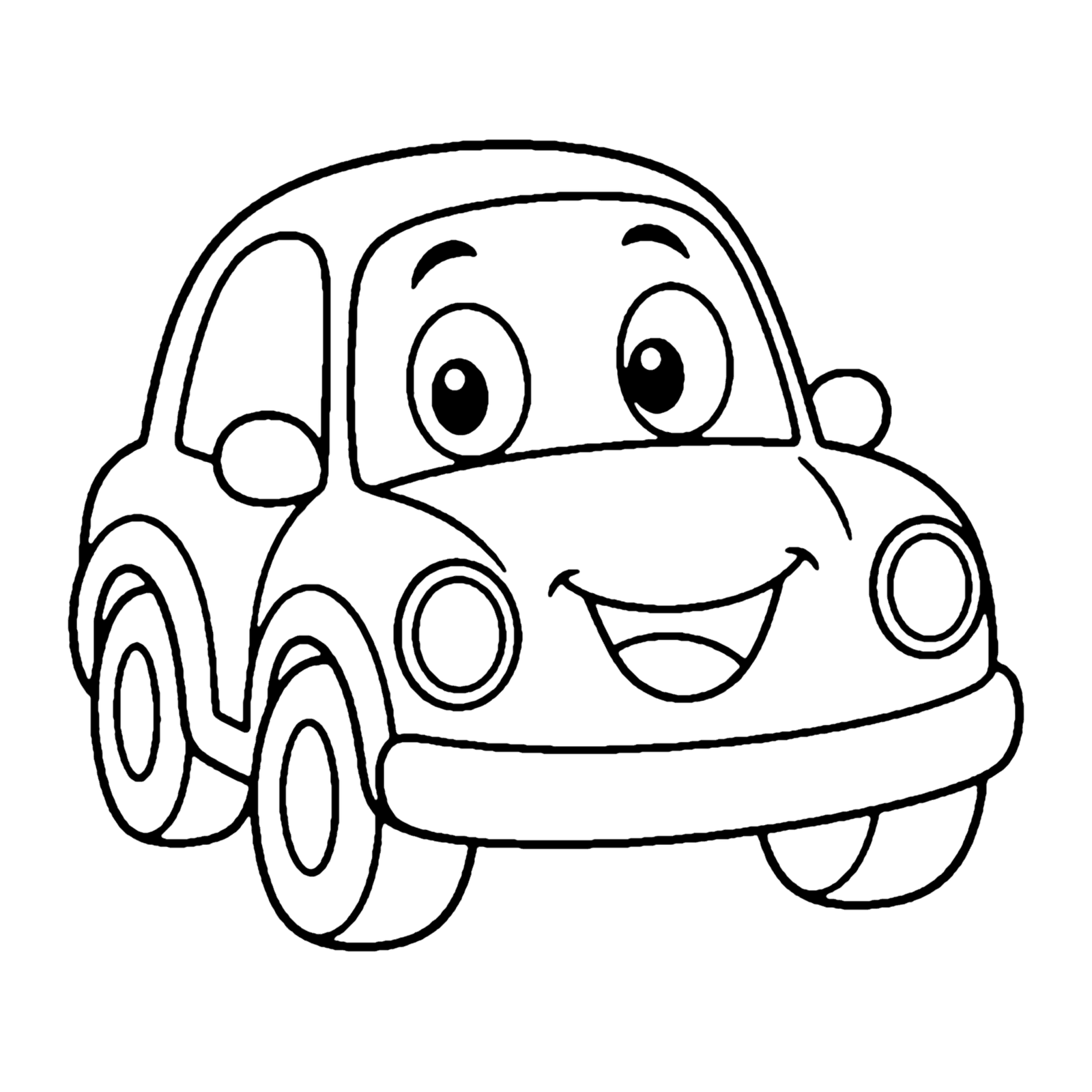 Line drawing of a small rounded car with big eyes on the windshield and a wide smiling grille
