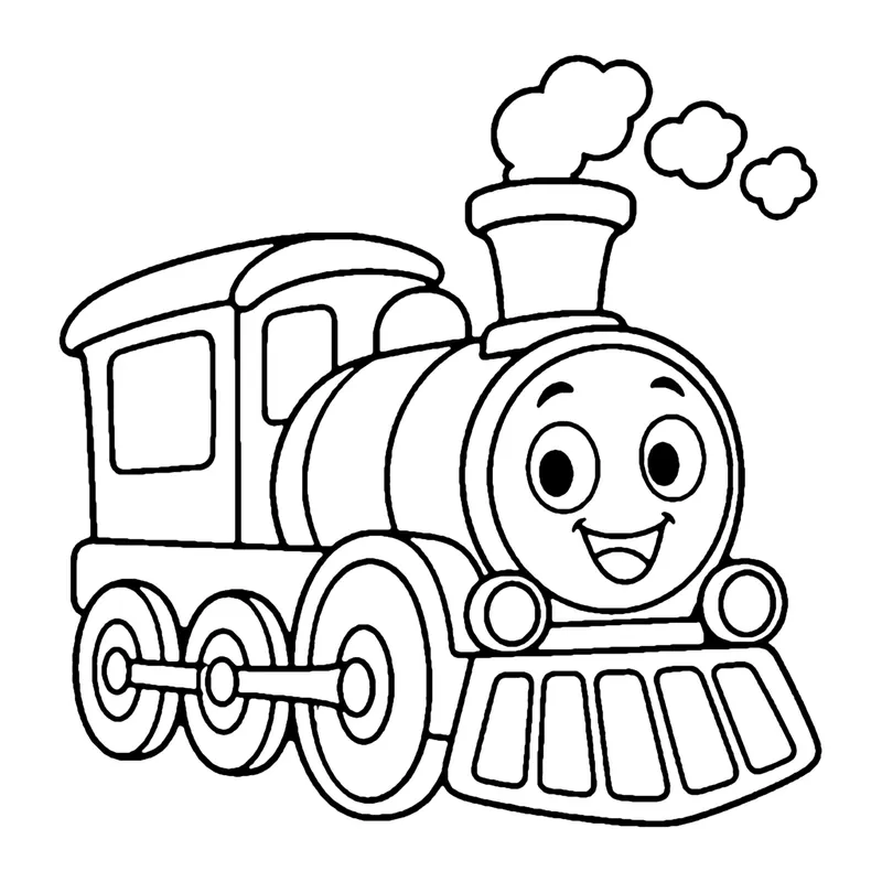 Line drawing of a smiling steam locomotive puffing clouds of smoke, with a cab, chimney and large wheels