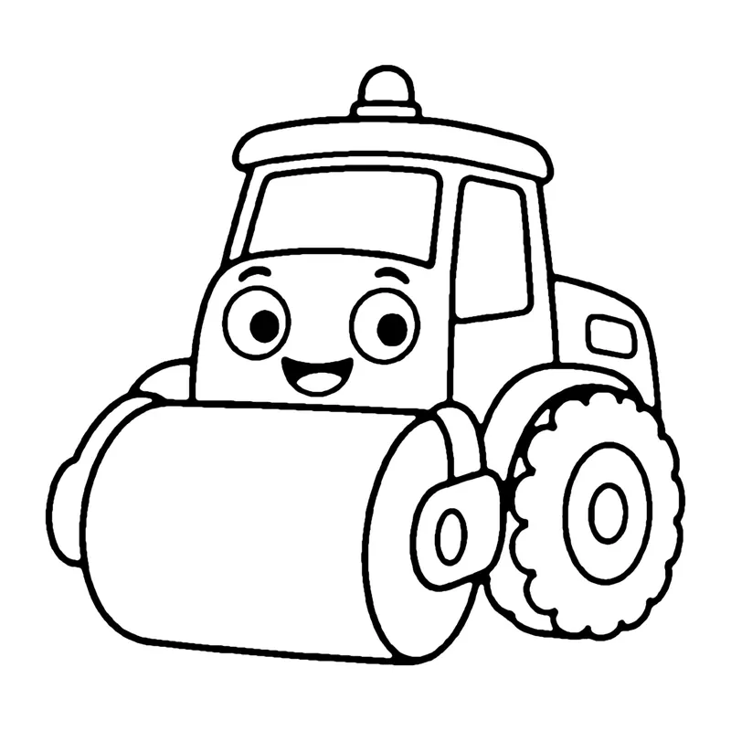 Line drawing of a smiling steamroller with a big front roller, a cab and a large back wheel