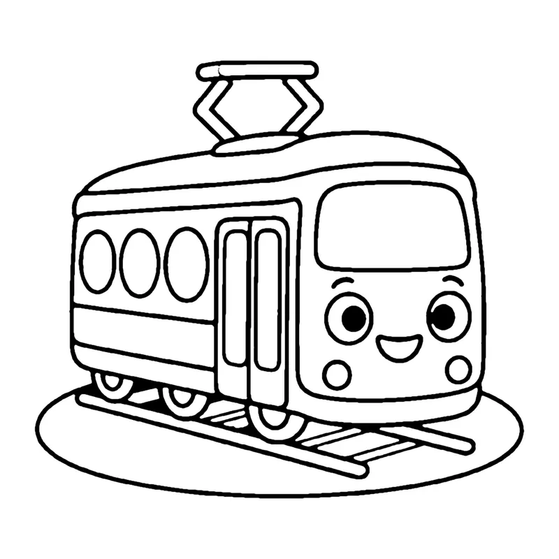 Line drawing of a smiling tram with round windows on rails, connected to an overhead wire by a pole