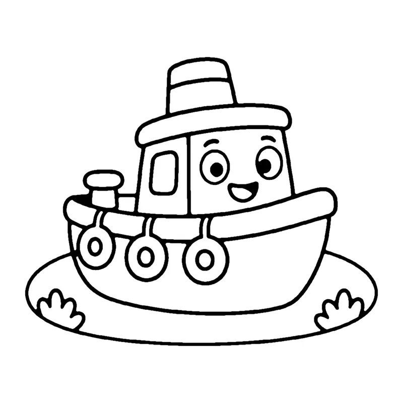 Line drawing of a smiling tugboat with a smokestack, round portholes and tires along the side