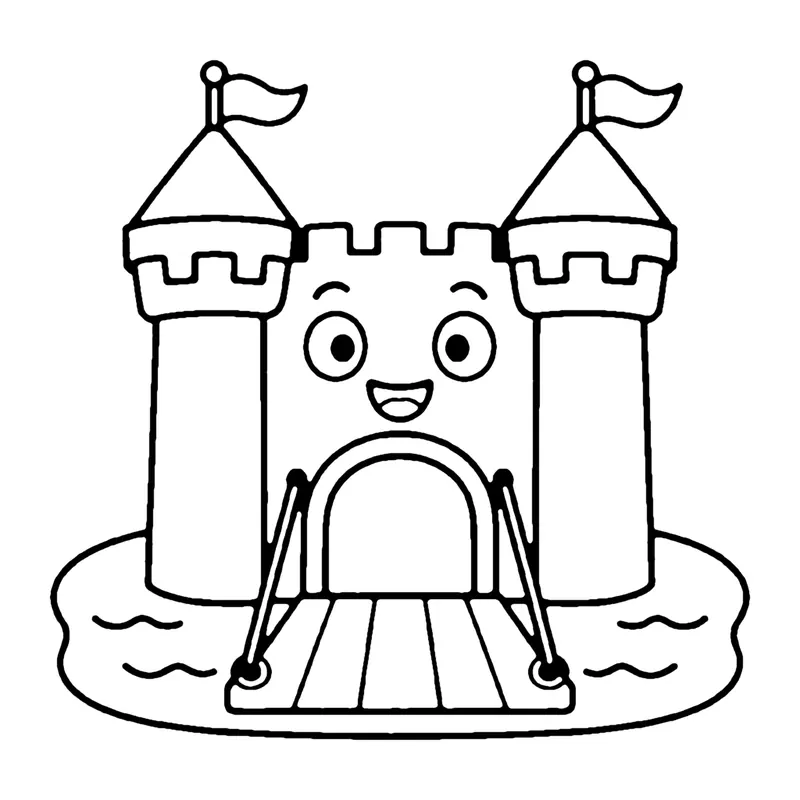 Line drawing of a smiling castle with two towers and a lowered wooden drawbridge over a moat