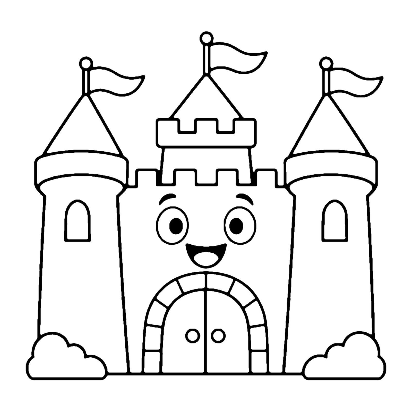 Line drawing of a smiling castle with three pointed towers, flags and an arched front door