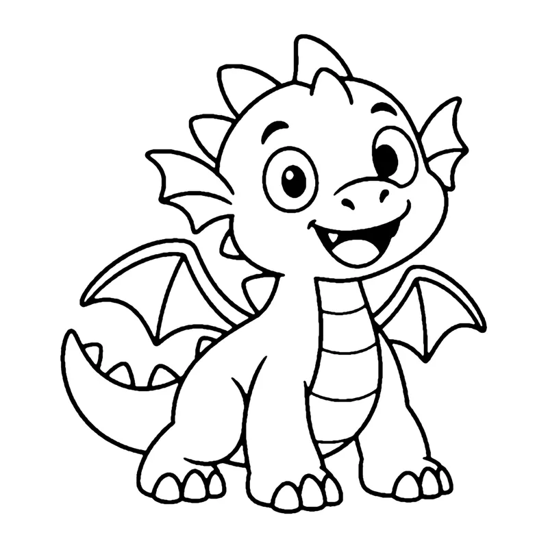Line drawing of a smiling cartoon dragon with bat-like wings, a spiky tail and a round belly