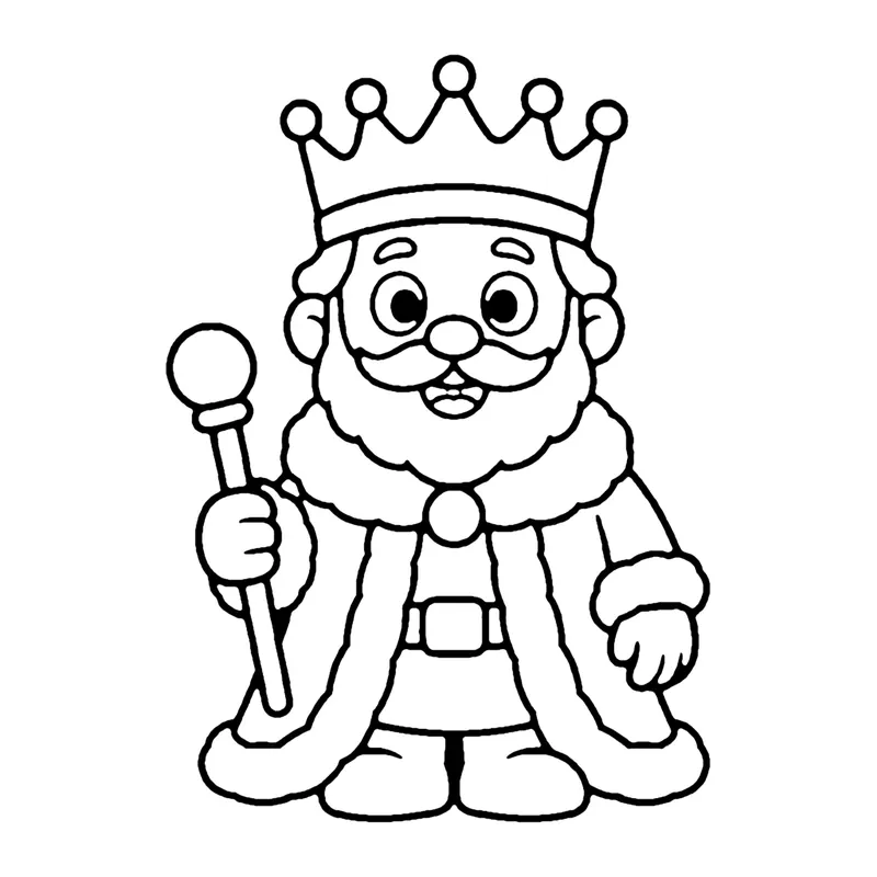Line drawing of a bearded king with a crown, a fur-trimmed robe and a scepter