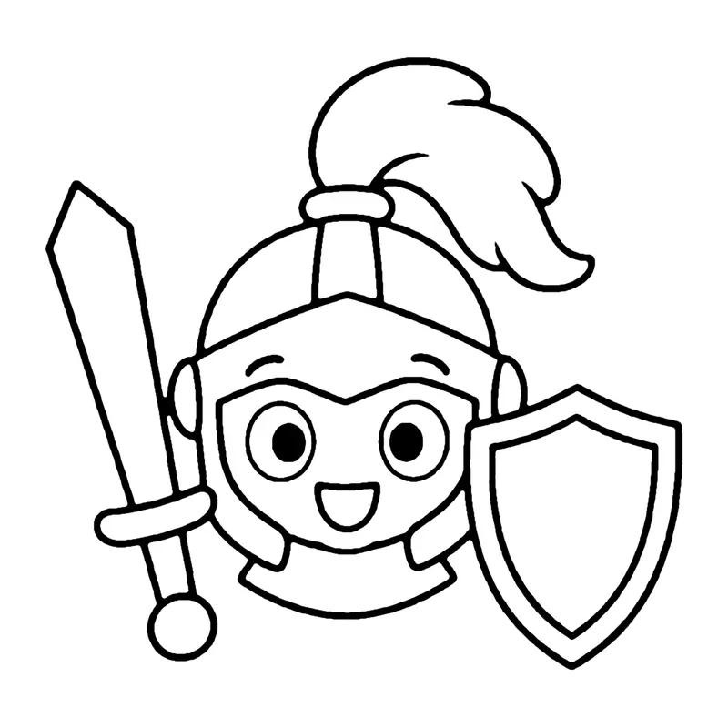 Line drawing of a smiling knight in a plumed helmet holding a sword and a shield