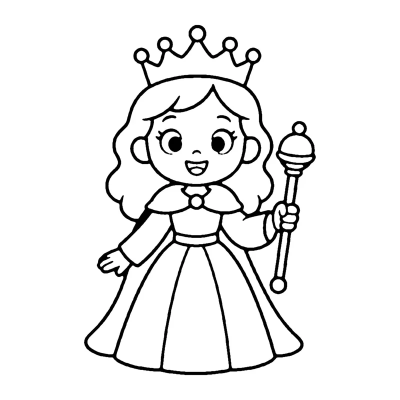 Line drawing of a smiling queen in a crown and long gown holding a scepter