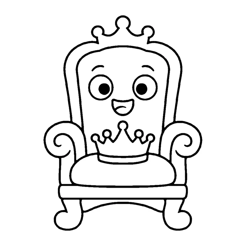 Line drawing of a smiling throne chair with a crown on top and a crown on the cushion