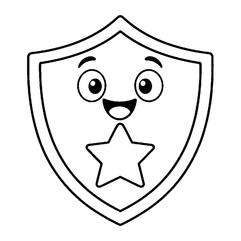 Line drawing of a smiling shield with a big star in the middle