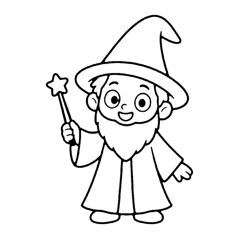 Line drawing of a bearded wizard in a pointed hat and long robe holding a star wand
