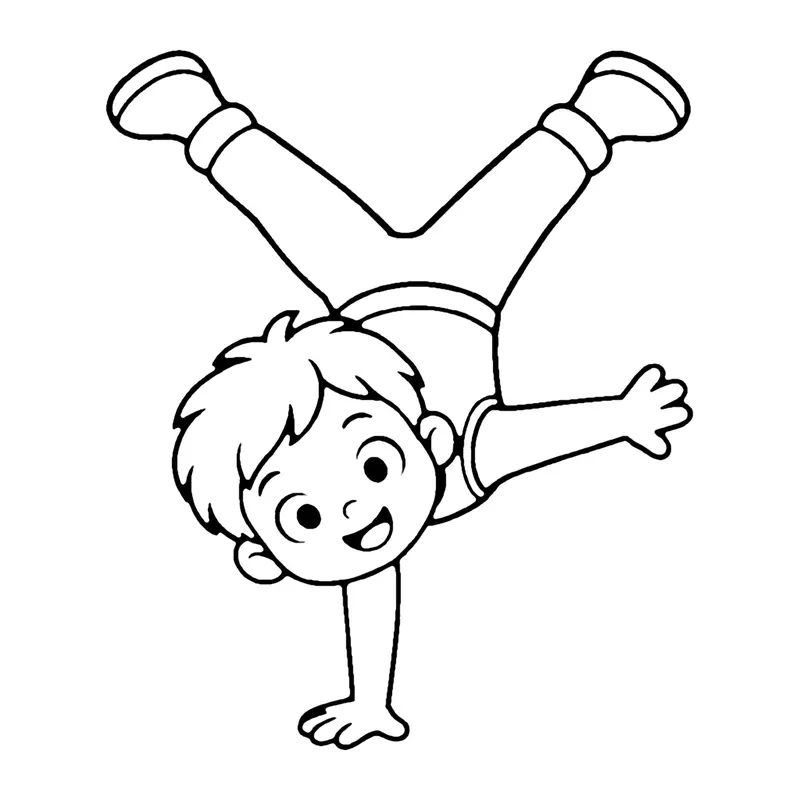 Line drawing of a smiling boy acrobat balancing on one hand with his legs spread in the air