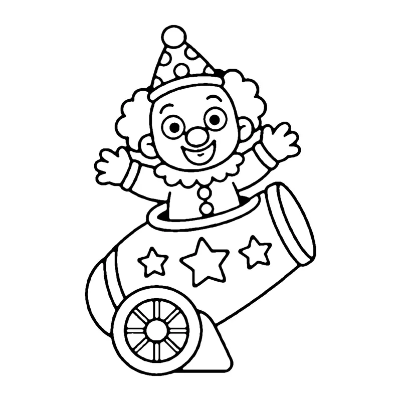 Line drawing of a clown with arms up popping out of a star-covered circus cannon on wheels