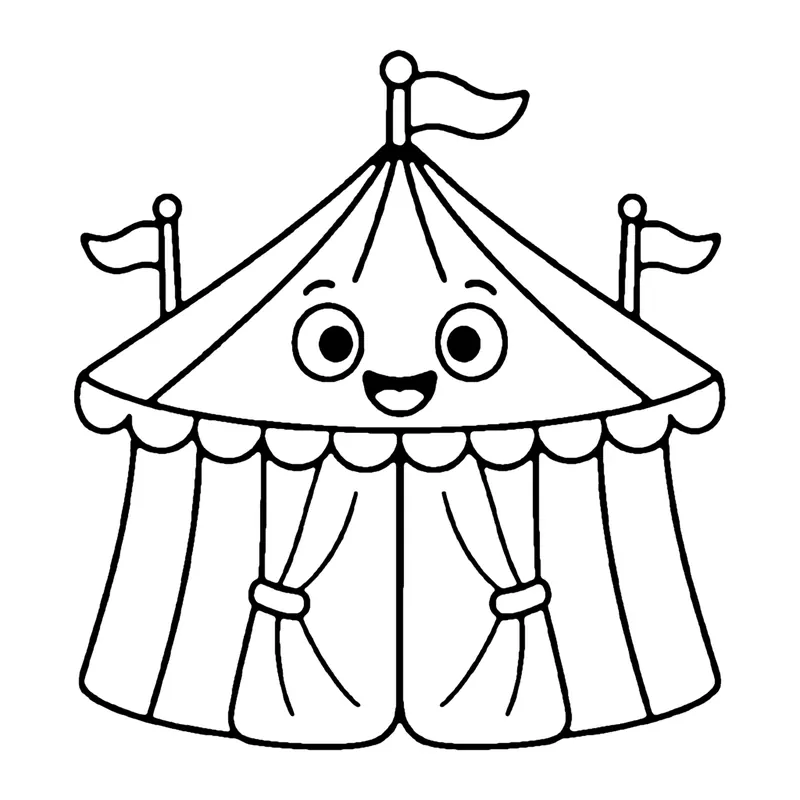 Line drawing of a smiling striped circus tent with flags on top and the curtains tied open