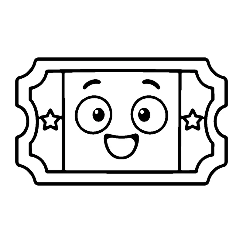 Line drawing of a smiling circus ticket with notched corners and a small star on each end