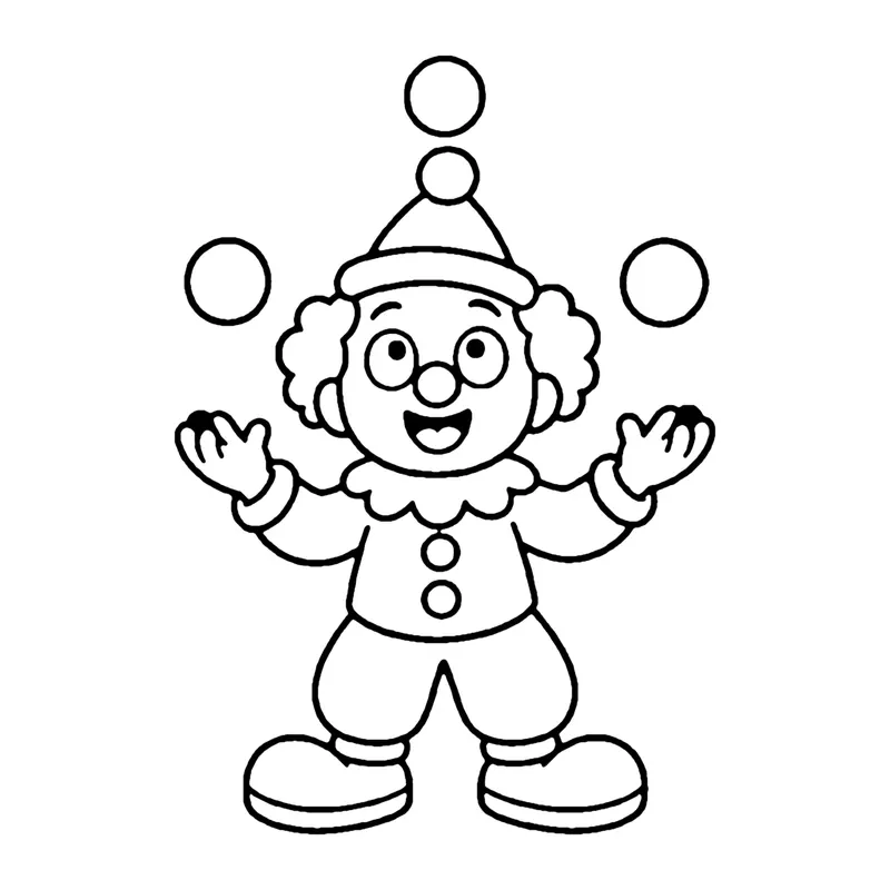 Line drawing of a clown in a pointed hat juggling four balls in the air above his head