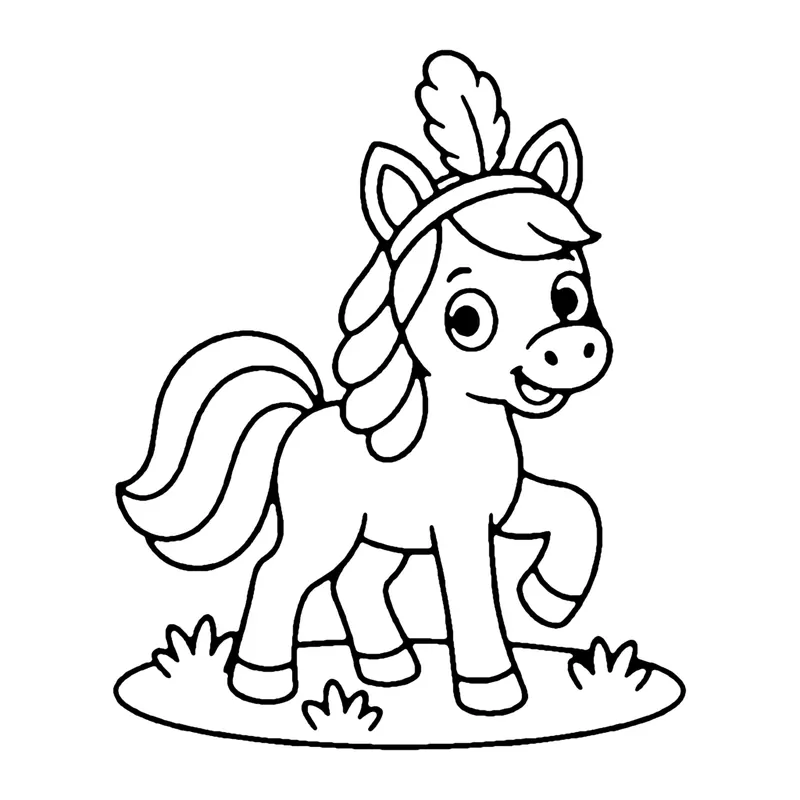 Line drawing of a prancing horse with a feather plume on its head and a flowing mane and tail