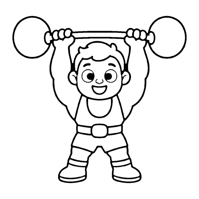 Line drawing of a smiling strongman lifting a barbell with two round weights over his head