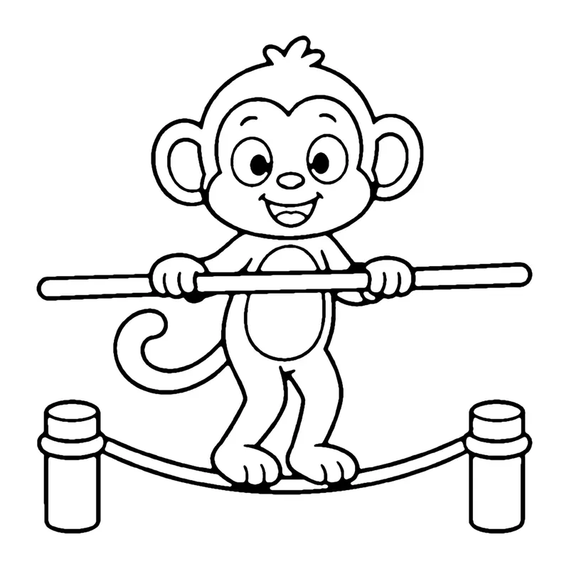 Line drawing of a monkey walking across a tightrope between two posts, holding a balance pole