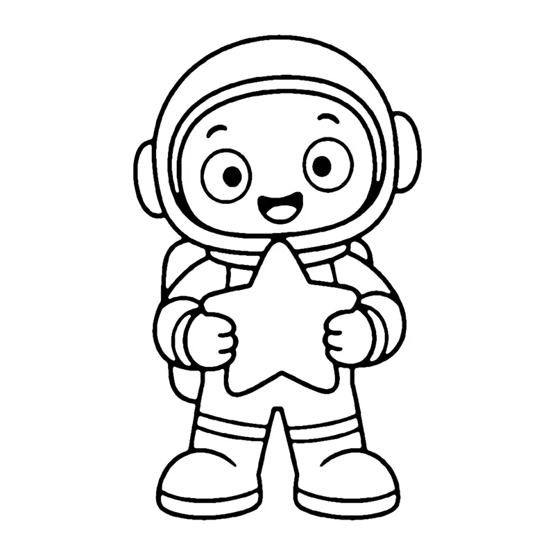 Line drawing of an astronaut in a round helmet and spacesuit hugging a big star