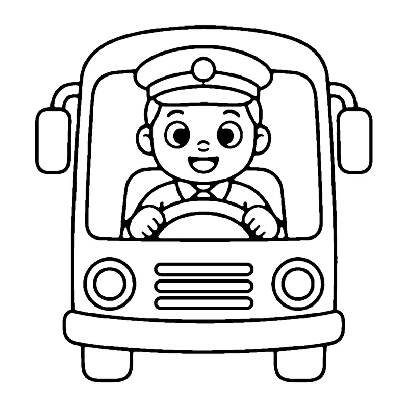 Line drawing of a bus driver in a cap behind the steering wheel, seen through the front of a bus