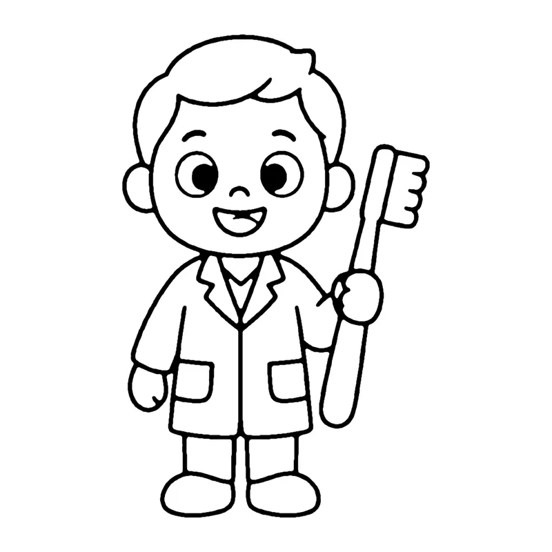 Line drawing of a dentist in a white coat holding a giant toothbrush