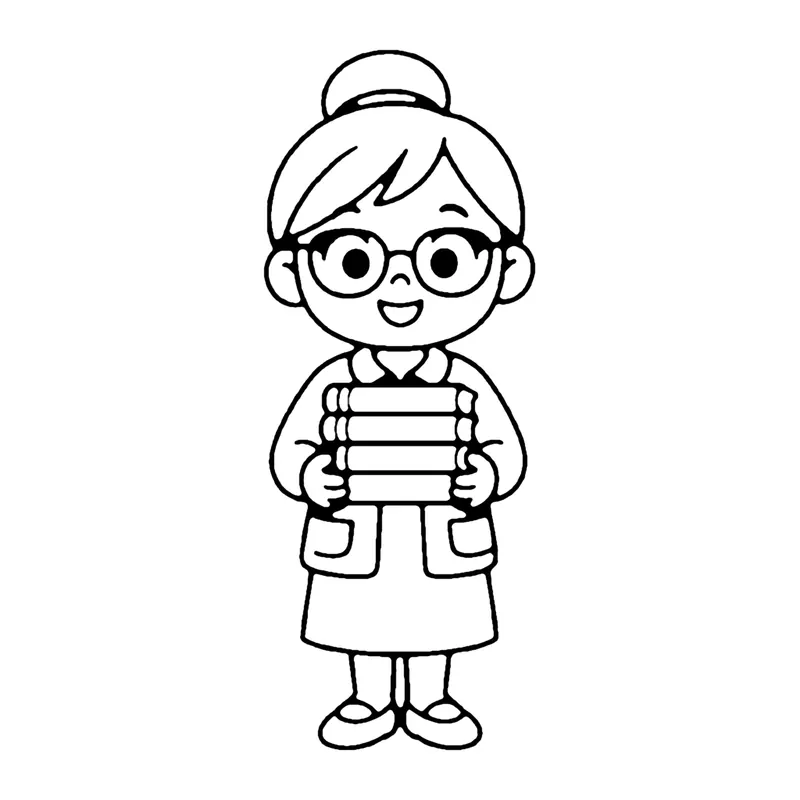 Line drawing of a librarian with glasses and a hair bun holding a stack of books