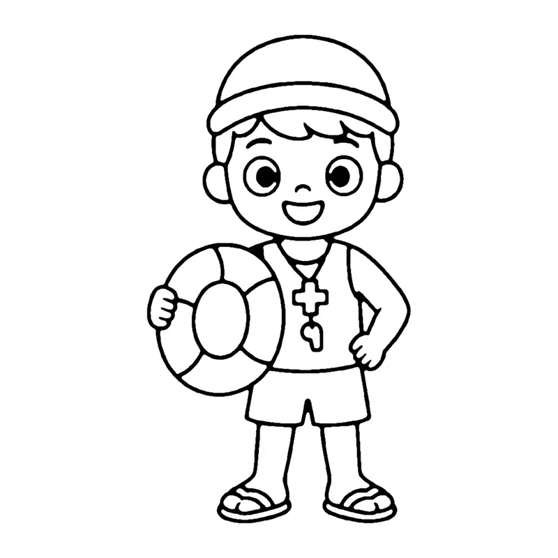 Line drawing of a lifeguard in a cap and shorts with a whistle, holding a life ring