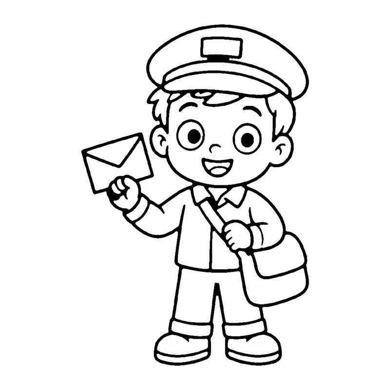 Line drawing of a mail carrier in a cap with a shoulder mailbag holding up a letter