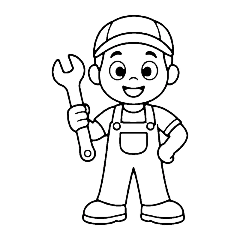 Line drawing of a plumber in a cap and overalls holding a large wrench