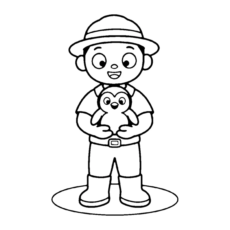 Line drawing of a zookeeper in a safari hat and boots holding a baby penguin