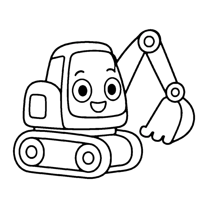 Line drawing of a small smiling excavator on tracks with a bent digging arm and scoop