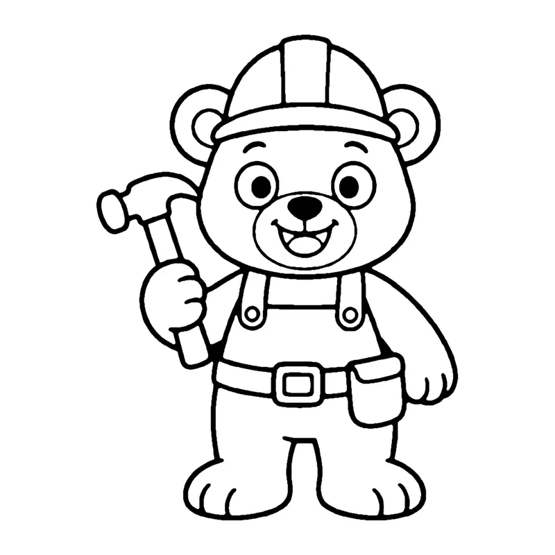 Line drawing of a smiling bear in a hard hat, overalls and tool belt holding up a hammer