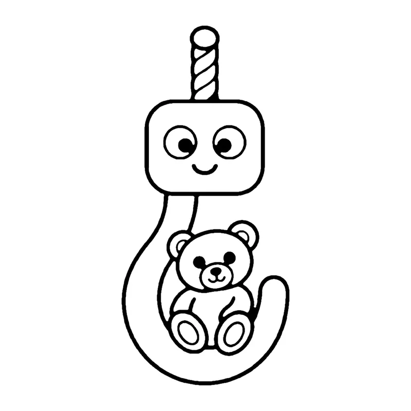 Line drawing of a smiling crane hook on a cable gently carrying a teddy bear