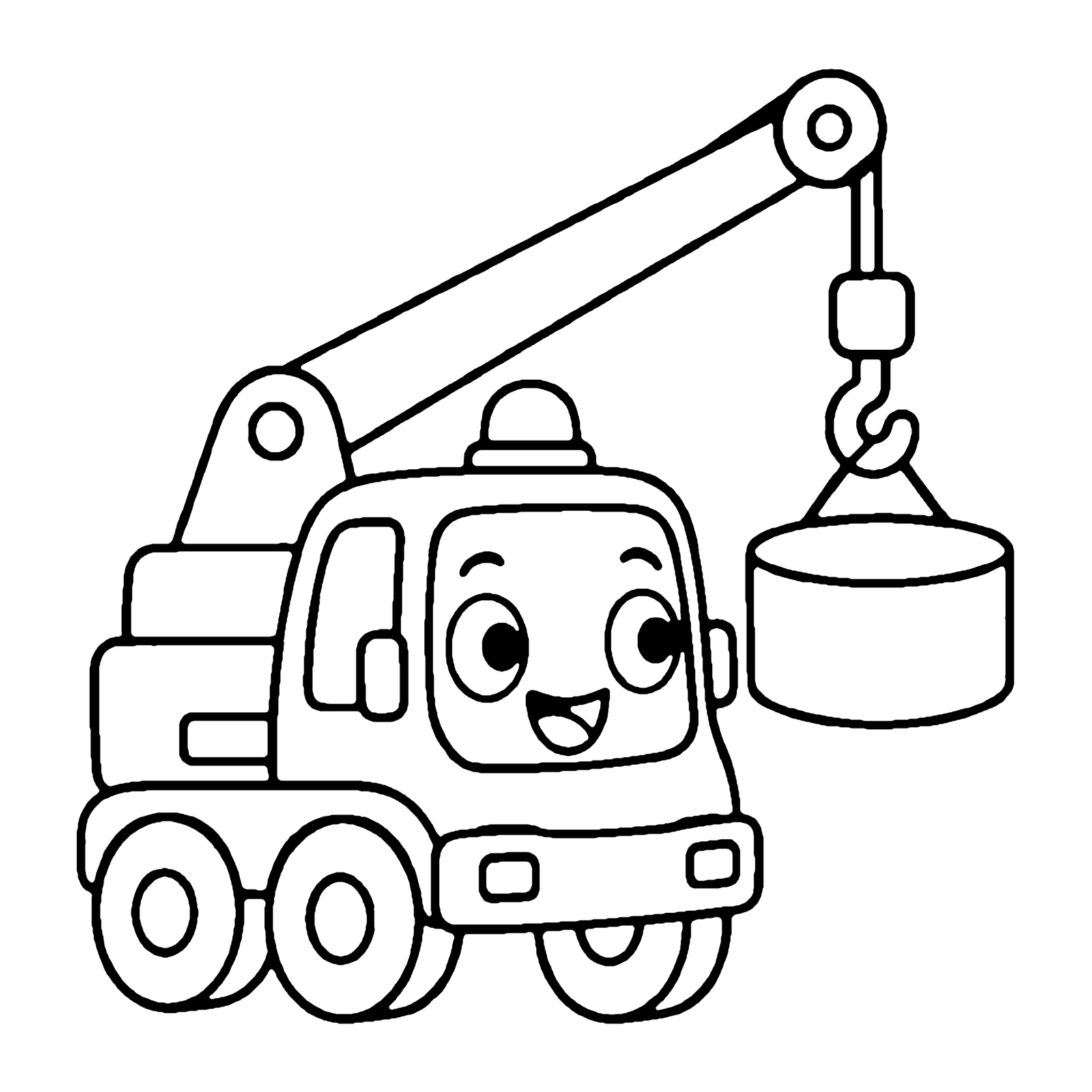 Line drawing of a smiling crane truck with a tall boom, a cable and a hook lifting a heavy round weight