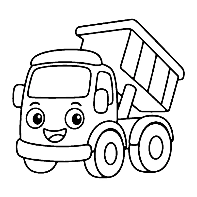 Line drawing of a smiling dump truck with its ribbed bed tipped up and big wheels