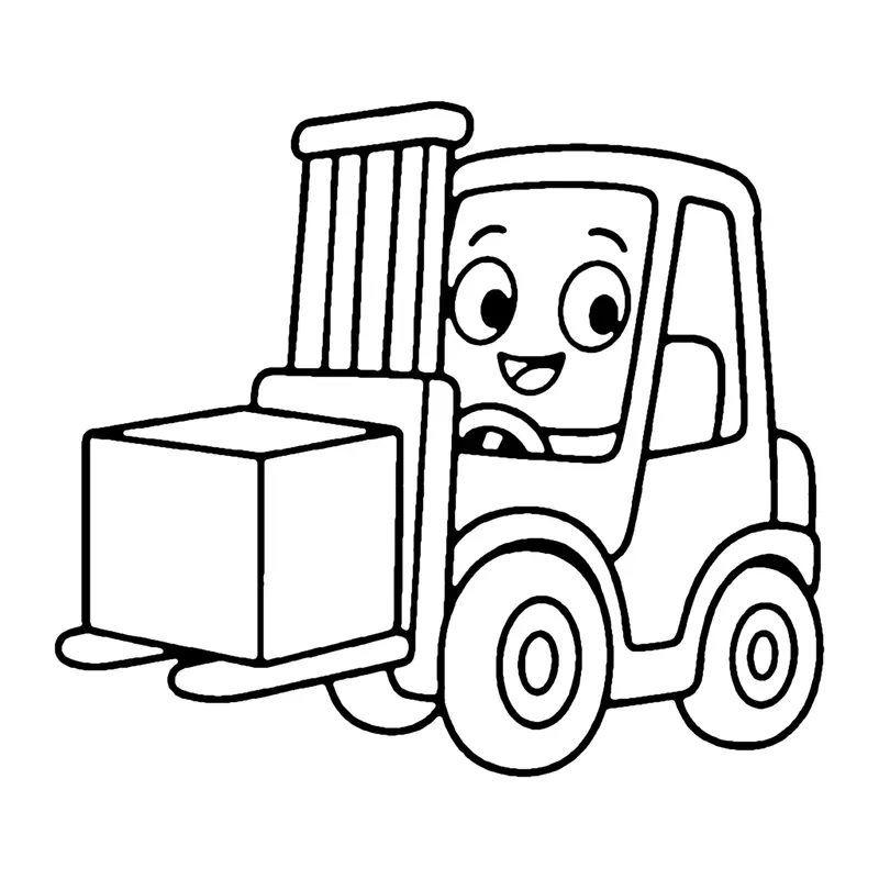 Line drawing of a smiling forklift with a tall mast lifting a box on its forks