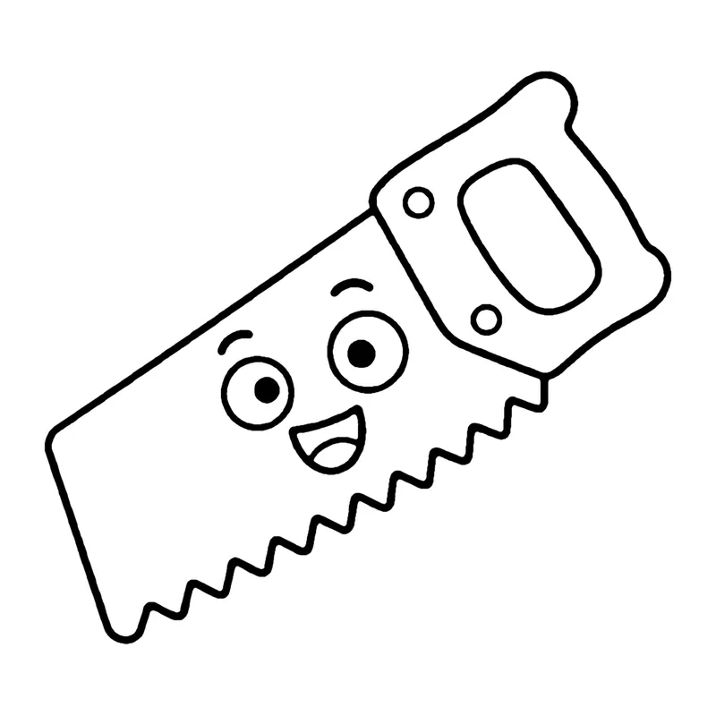 Line drawing of a smiling hand saw with a jagged row of teeth and a handle