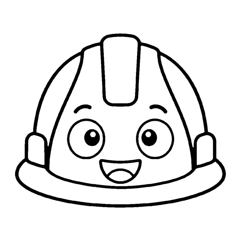 Line drawing of a smiling construction hard hat with a ridge on top and a wide brim