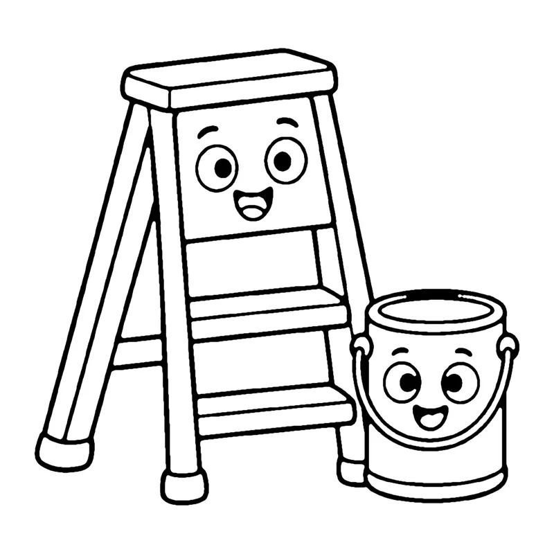 Line drawing of a smiling wooden stepladder standing beside a smiling paint can with a handle