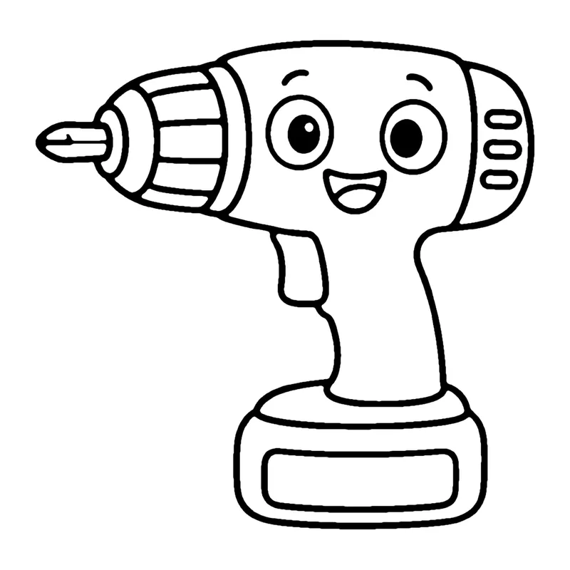 Line drawing of a smiling cordless power drill with a pointed bit and a battery base