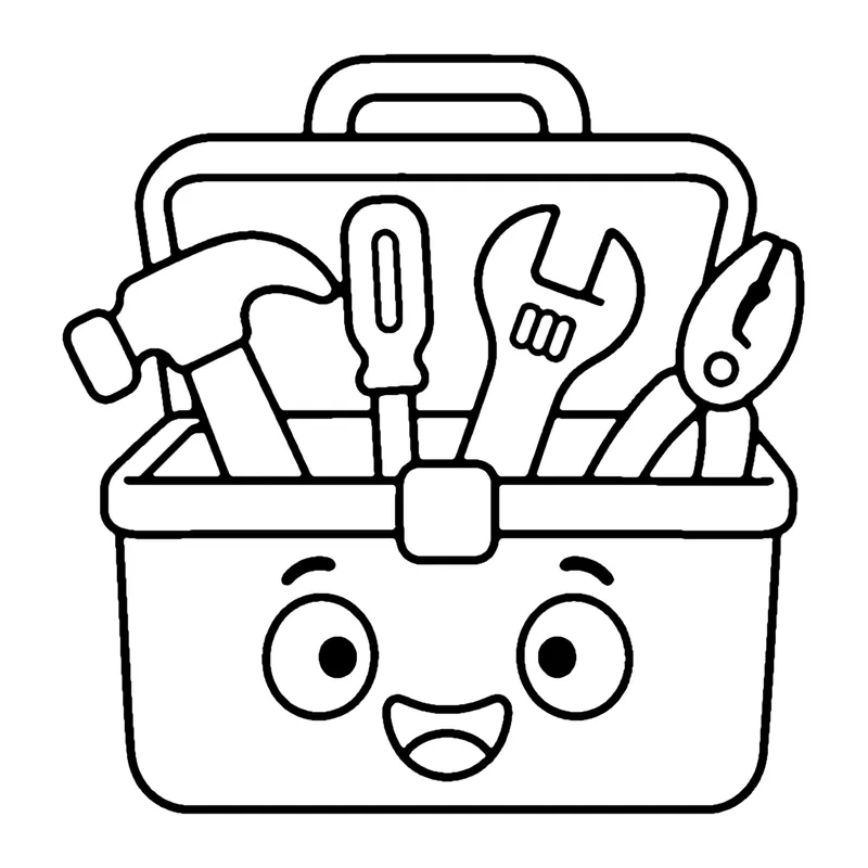 Line drawing of a smiling open toolbox holding a hammer, screwdriver, wrench and pliers