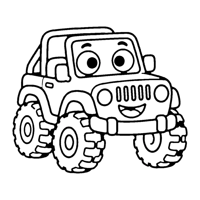 Line drawing of a smiling off-road buggy with a roll cage and big knobby tires