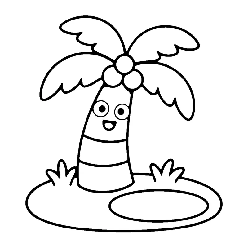 Line drawing of a smiling palm tree with coconuts next to a small pool of water