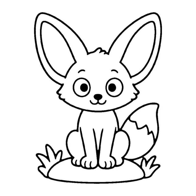 Line drawing of a small fennec fox with very large pointed ears sitting on a sandy mound