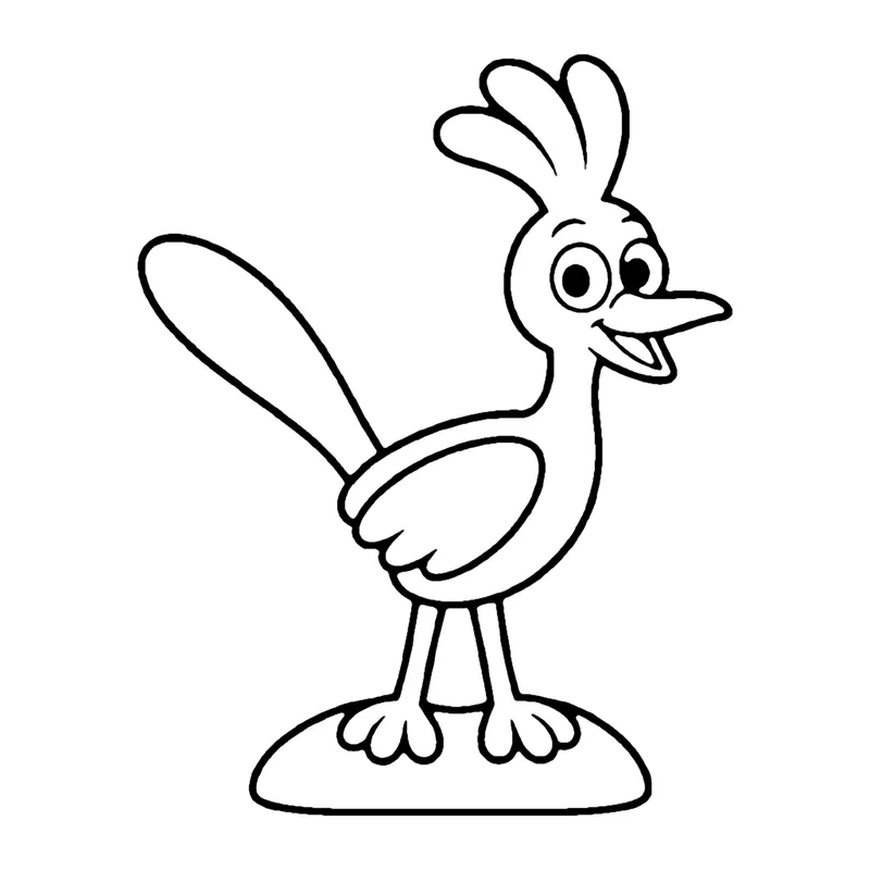 Line drawing of a roadrunner with a crested head and a long tail standing on a small patch of ground