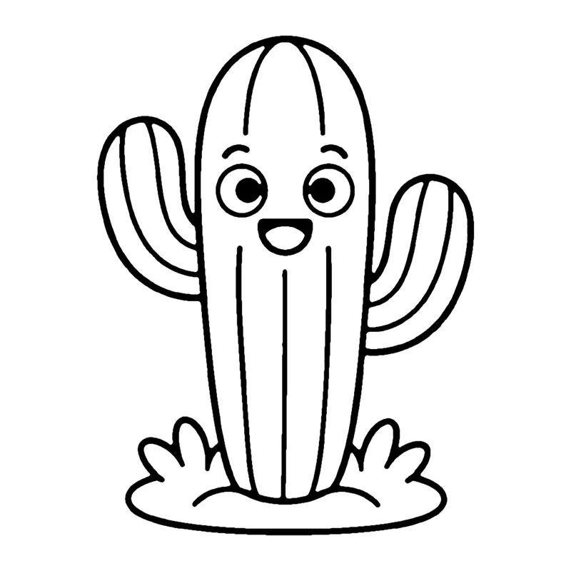 Line drawing of a smiling tall cactus with two raised arms standing in a tuft of grass